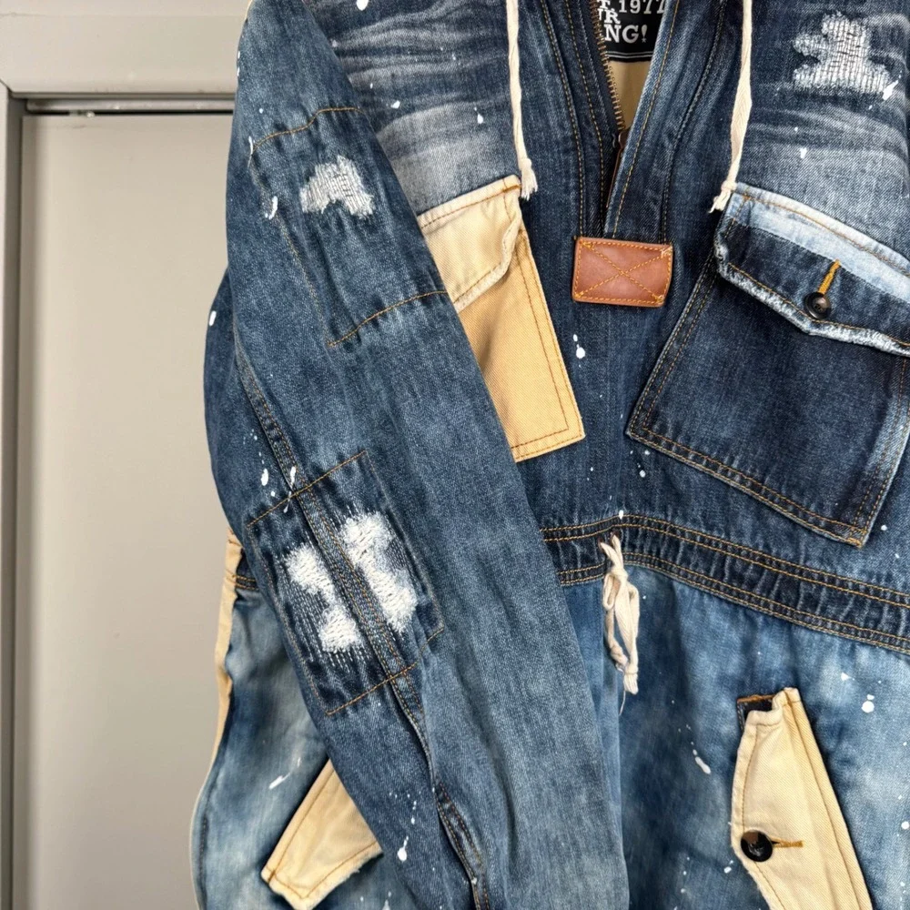 Play Cloths Mens Denim Anorak Jacket Blue Distressed Graphic Hooded Streetwear